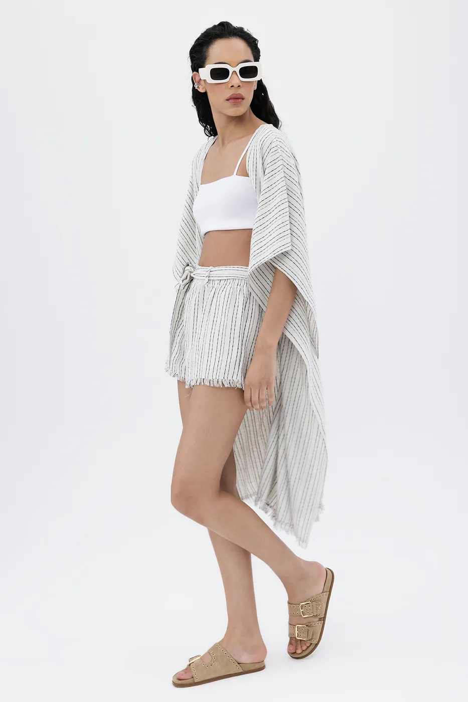 Bayan Ekru Keten Oversize Püsküllü Kimono