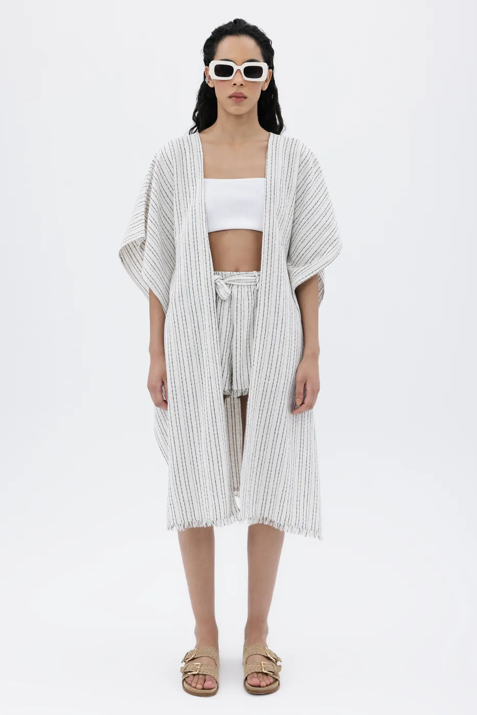 Bayan Ekru Keten Oversize Püsküllü Kimono
