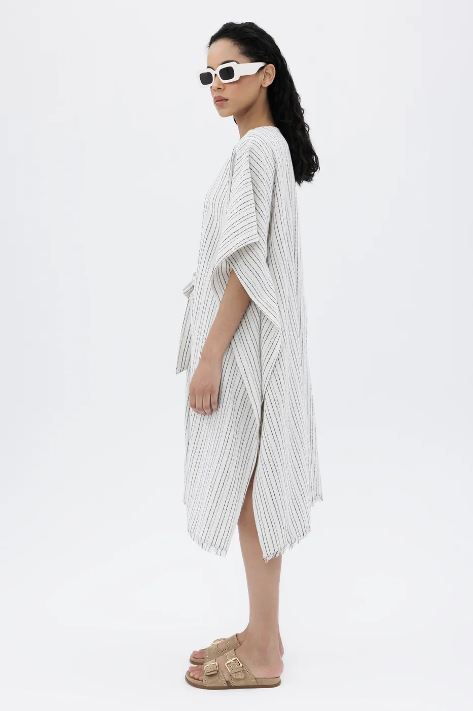 Bayan Ekru Keten Oversize Püsküllü Kimono