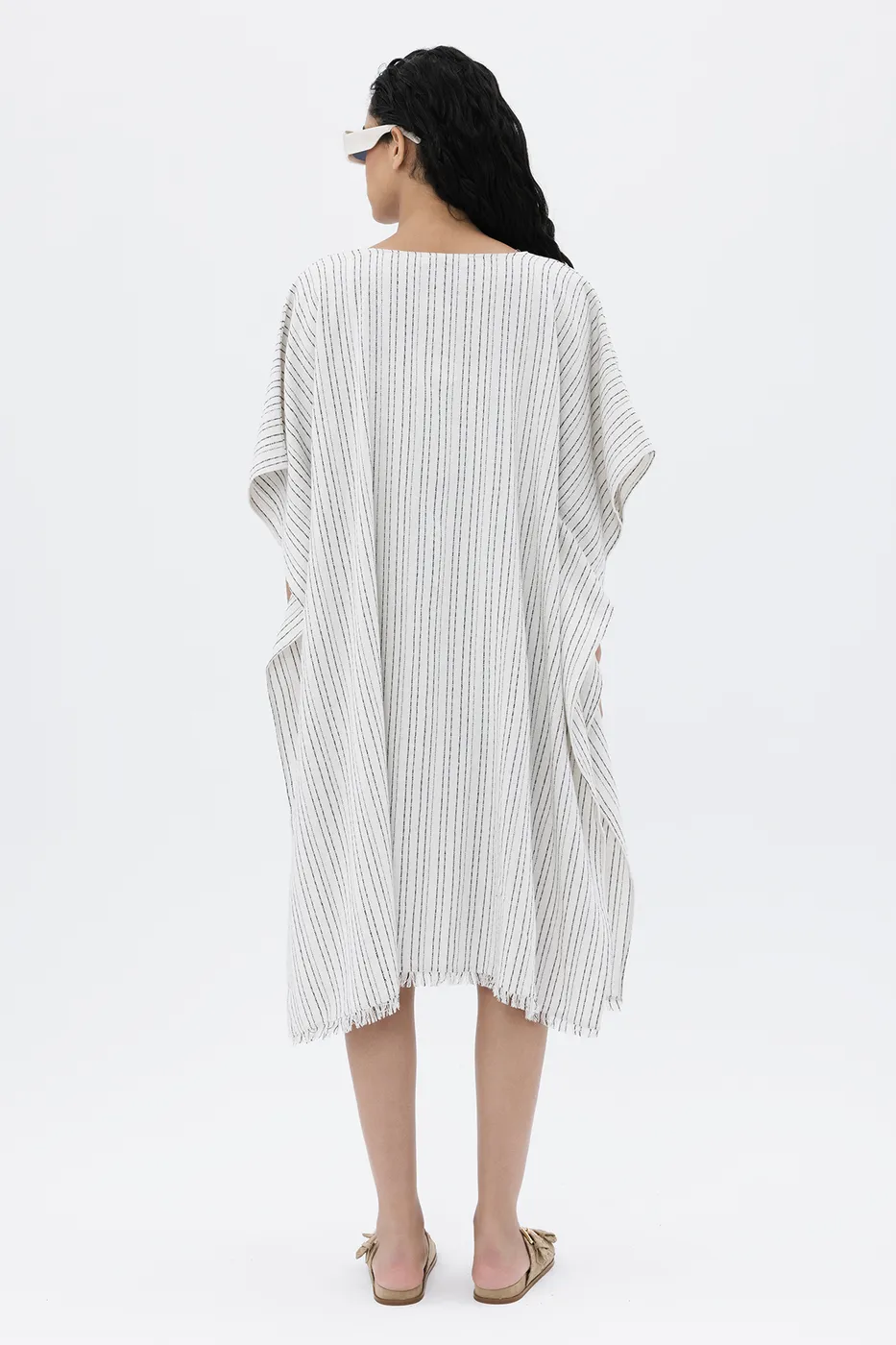 Bayan Ekru Keten Oversize Püsküllü Kimono