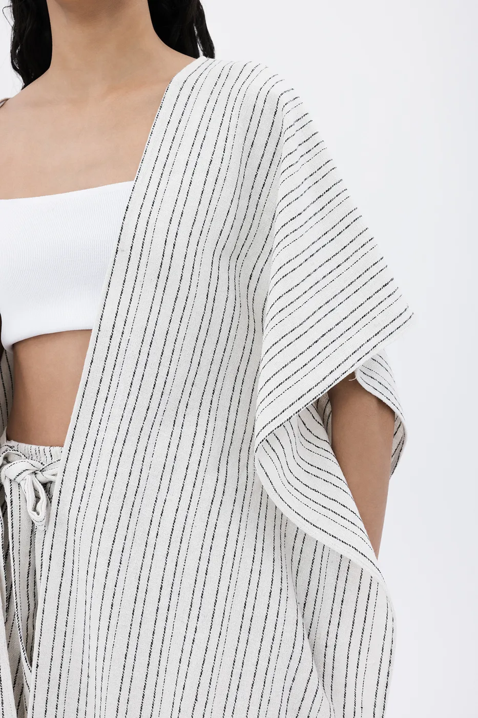 Bayan Ekru Keten Oversize Püsküllü Kimono