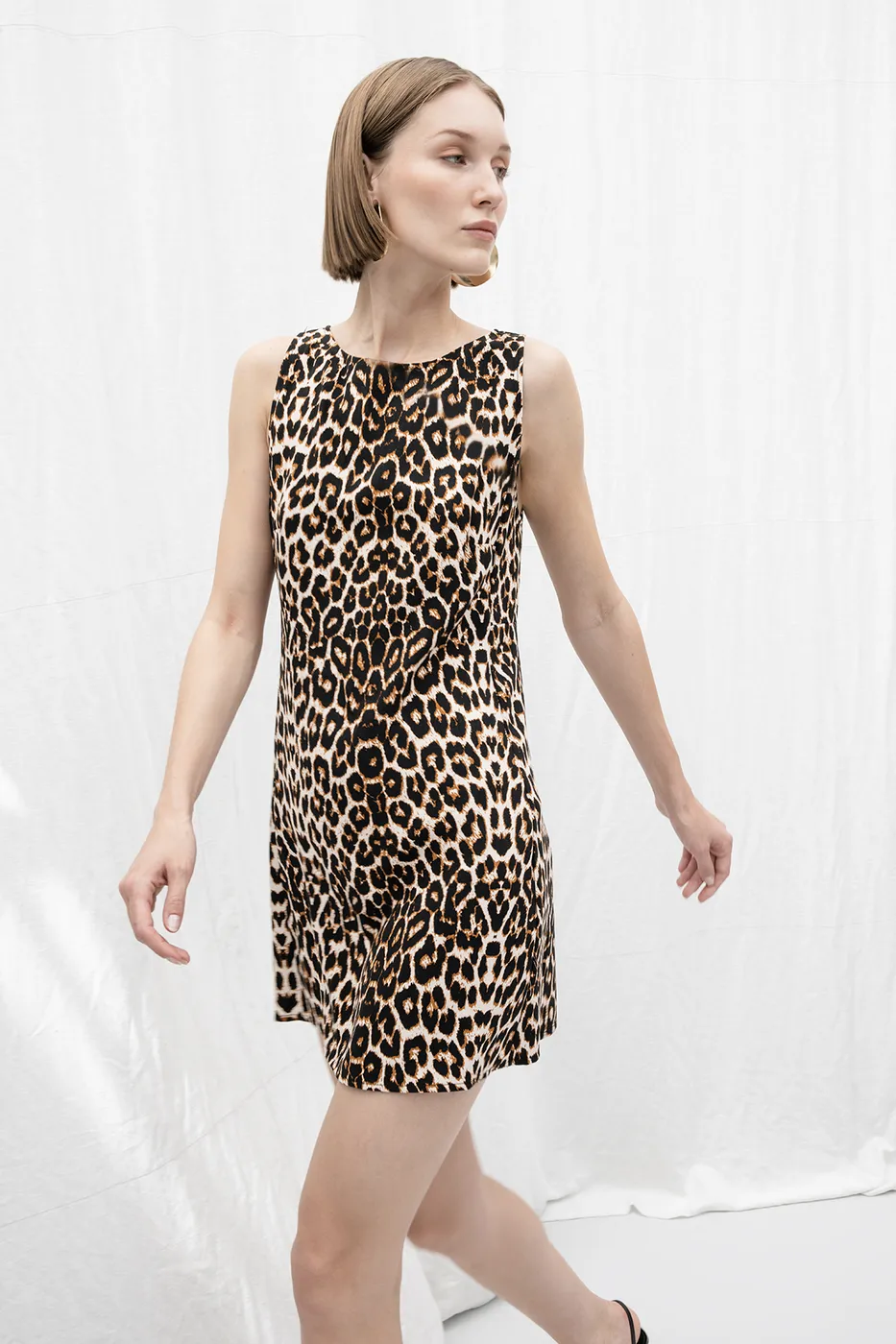 Bayan Ekru Leopar Desenli Mini Elbise