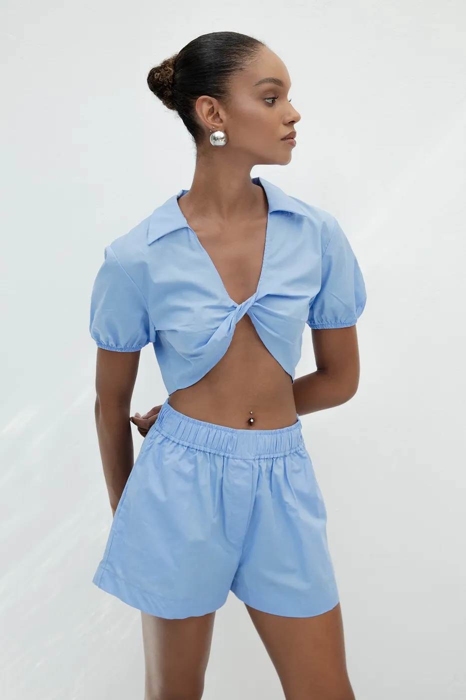 Bayan Mavi %100 Cotton Burgulu Crop Bluz