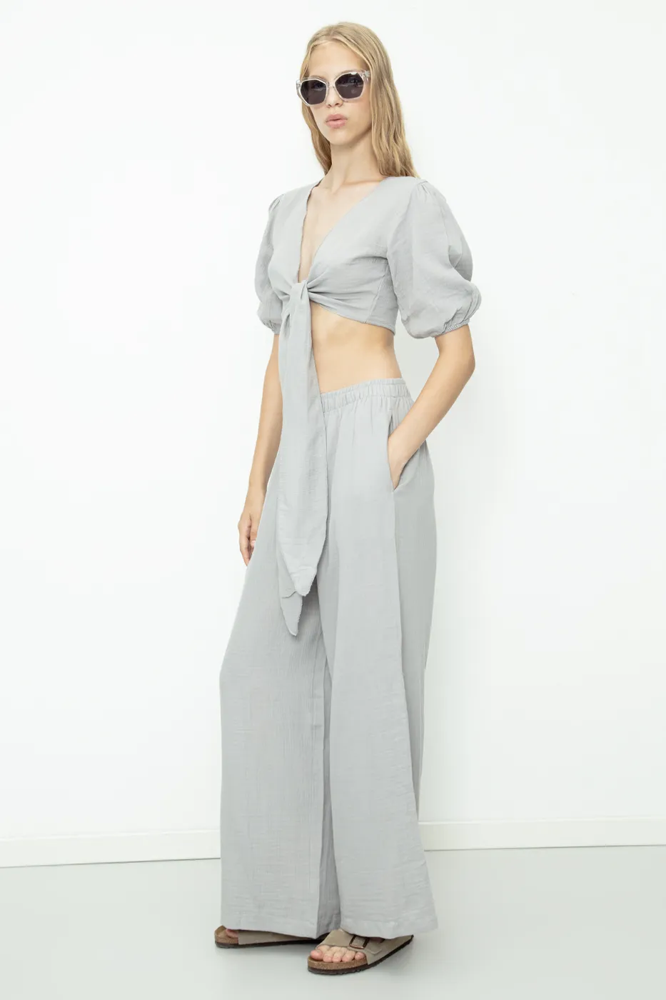 Bayan Gri %100 Cotton Bol Paça Oversize Pantolon