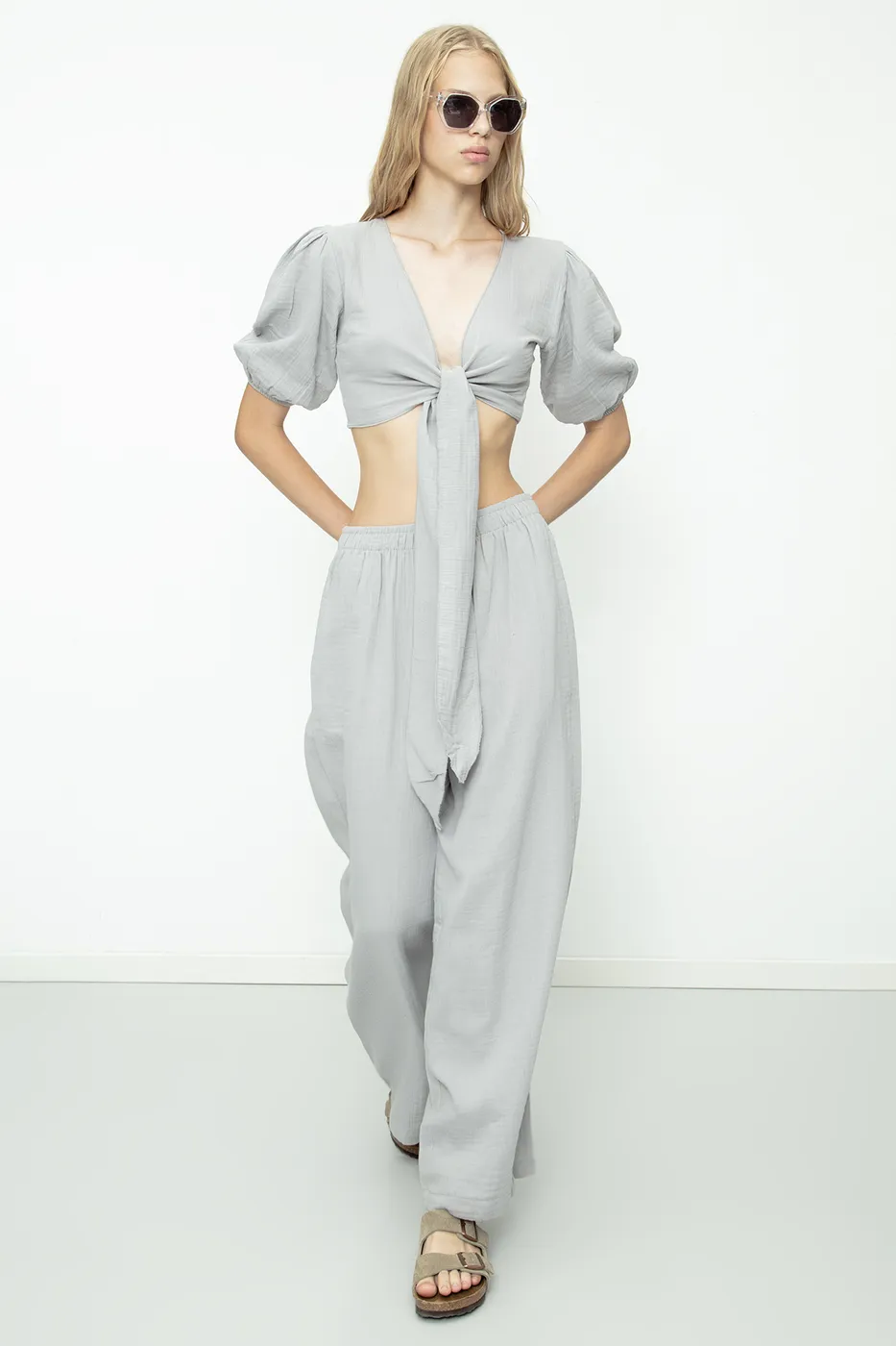 Bayan Gri %100 Cotton Bol Paça Oversize Pantolon