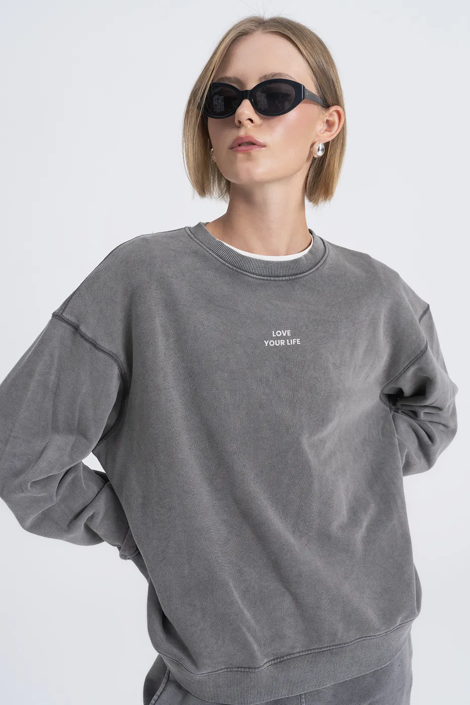 Bayan Antrasit Baskı Detaylı Basıc Sweatshirt