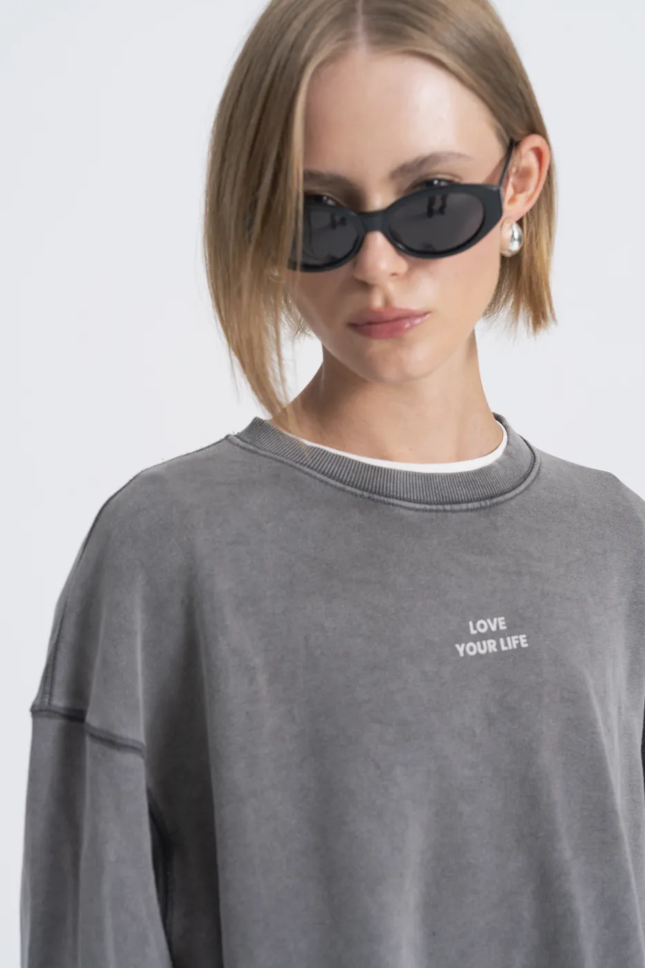 Bayan Antrasit Baskı Detaylı Basıc Sweatshirt