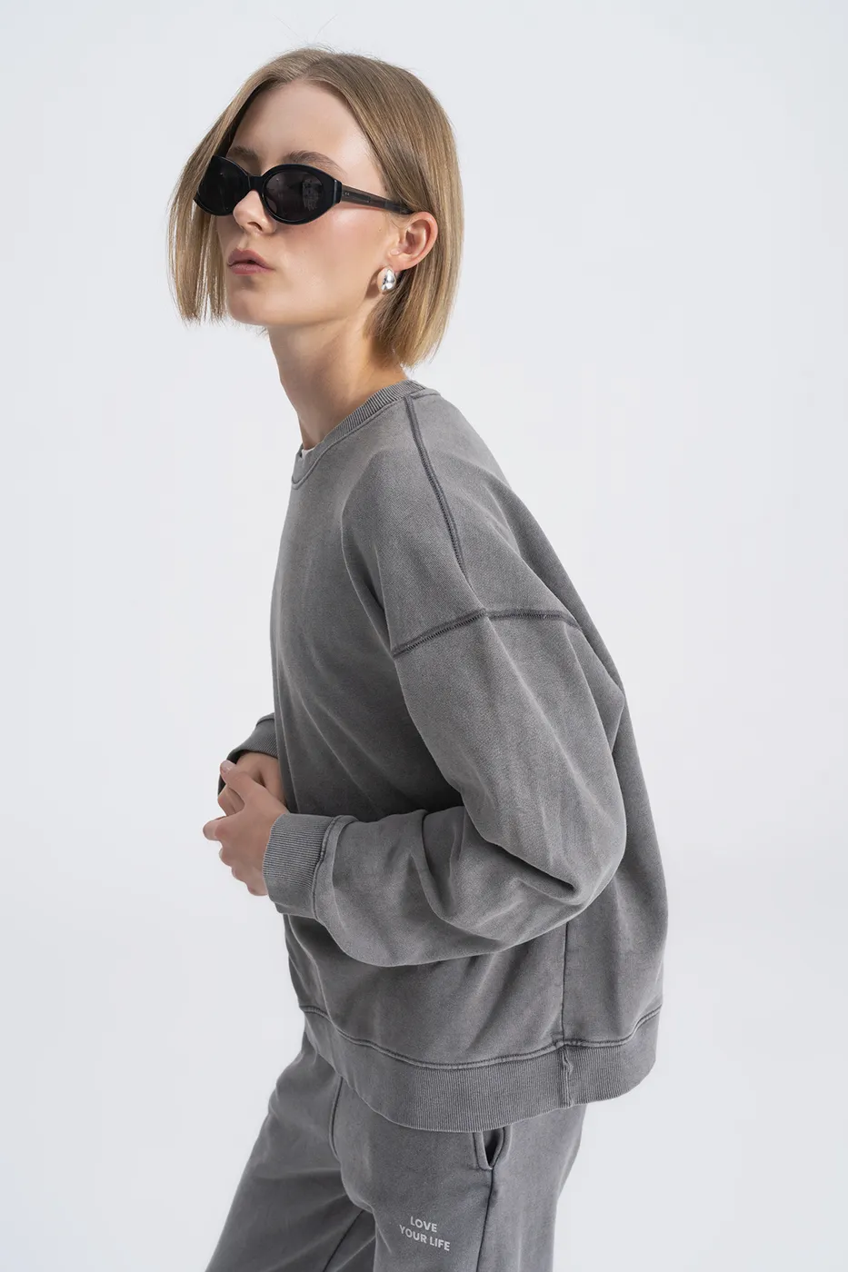 Bayan Antrasit Baskı Detaylı Basıc Sweatshirt