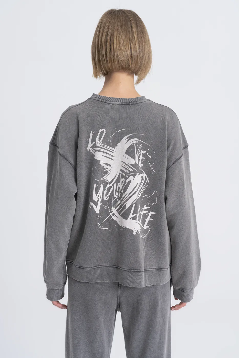 Bayan Antrasit Baskı Detaylı Basıc Sweatshirt