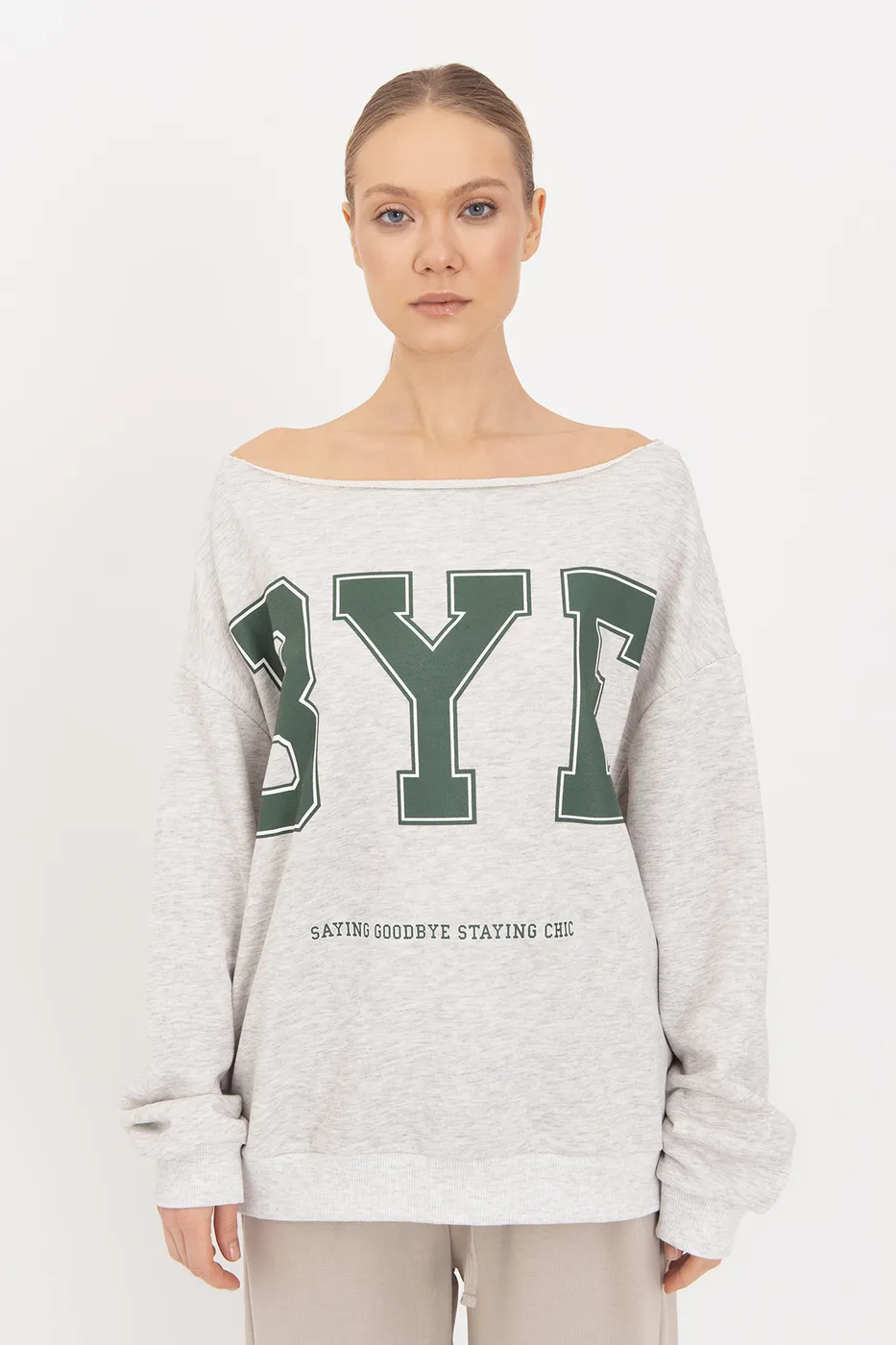 Bayan Gri Baskılı Kayık Yakalı Sweatshirt