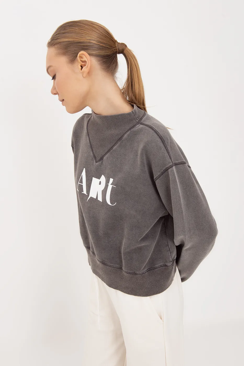 Bayan Antrasit Yıkamalı Baskılı Sweatshirt