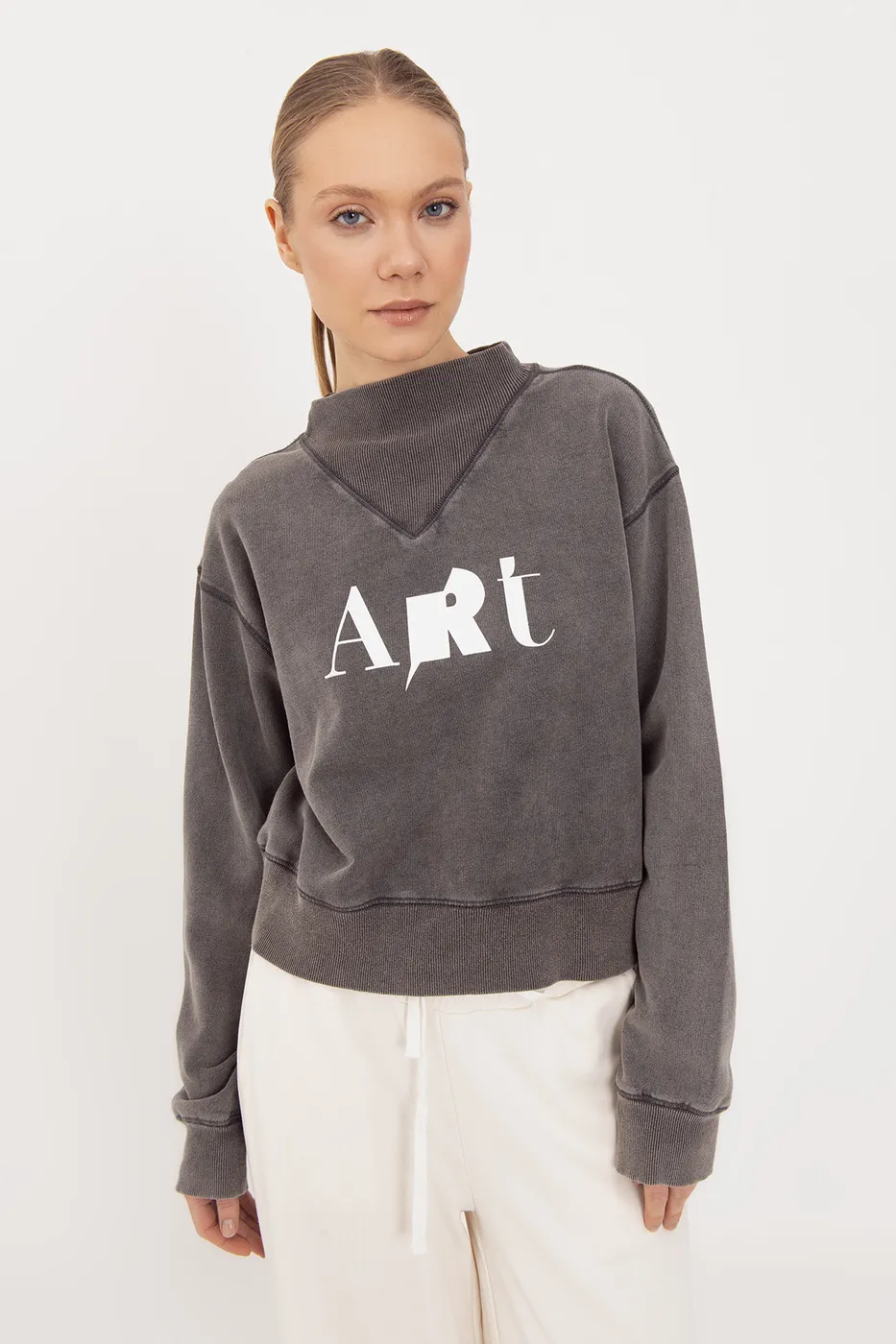 Bayan Antrasit Yıkamalı Baskılı Sweatshirt