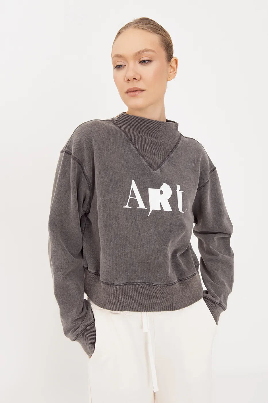 Bayan Antrasit Yıkamalı Baskılı Sweatshirt