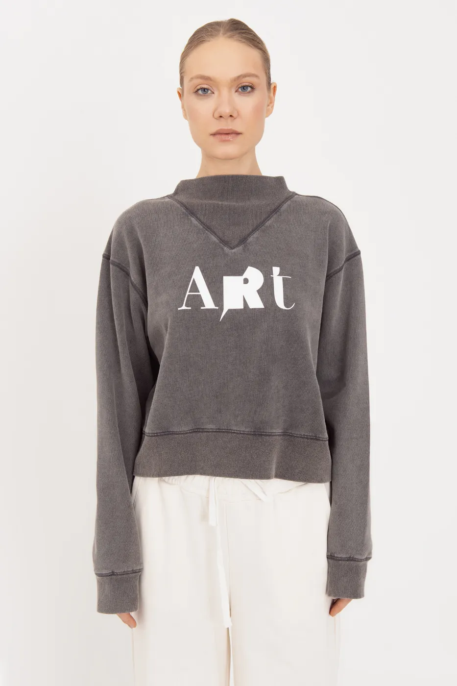 Bayan Antrasit Yıkamalı Baskılı Sweatshirt