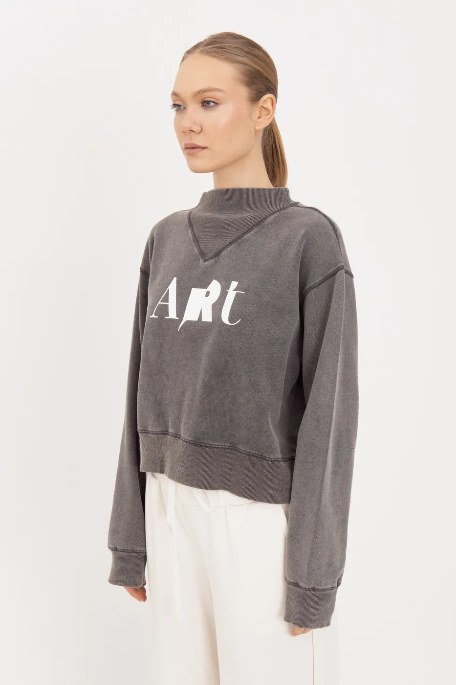 Bayan Antrasit Yıkamalı Baskılı Sweatshirt