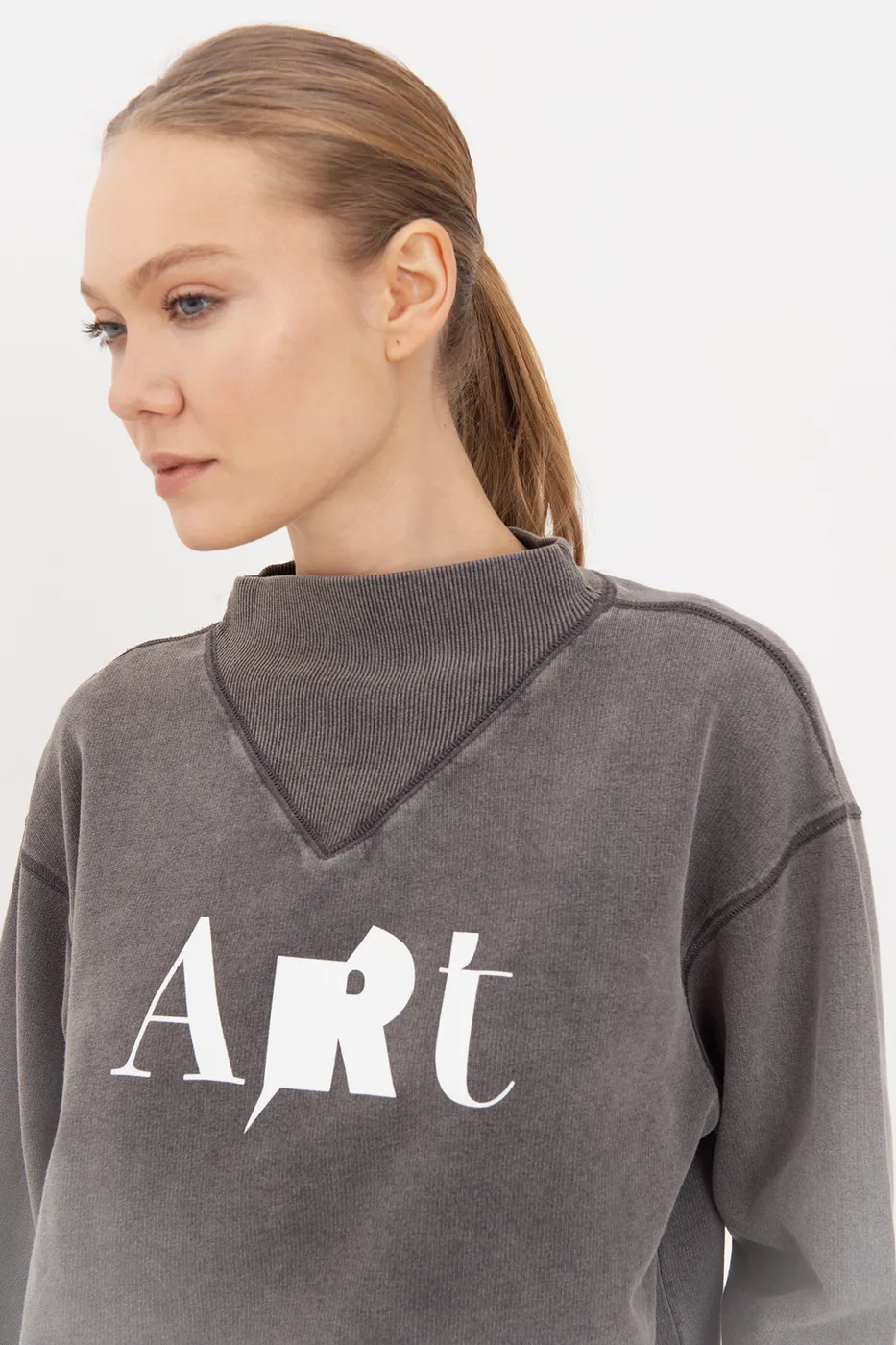 Bayan Antrasit Yıkamalı Baskılı Sweatshirt