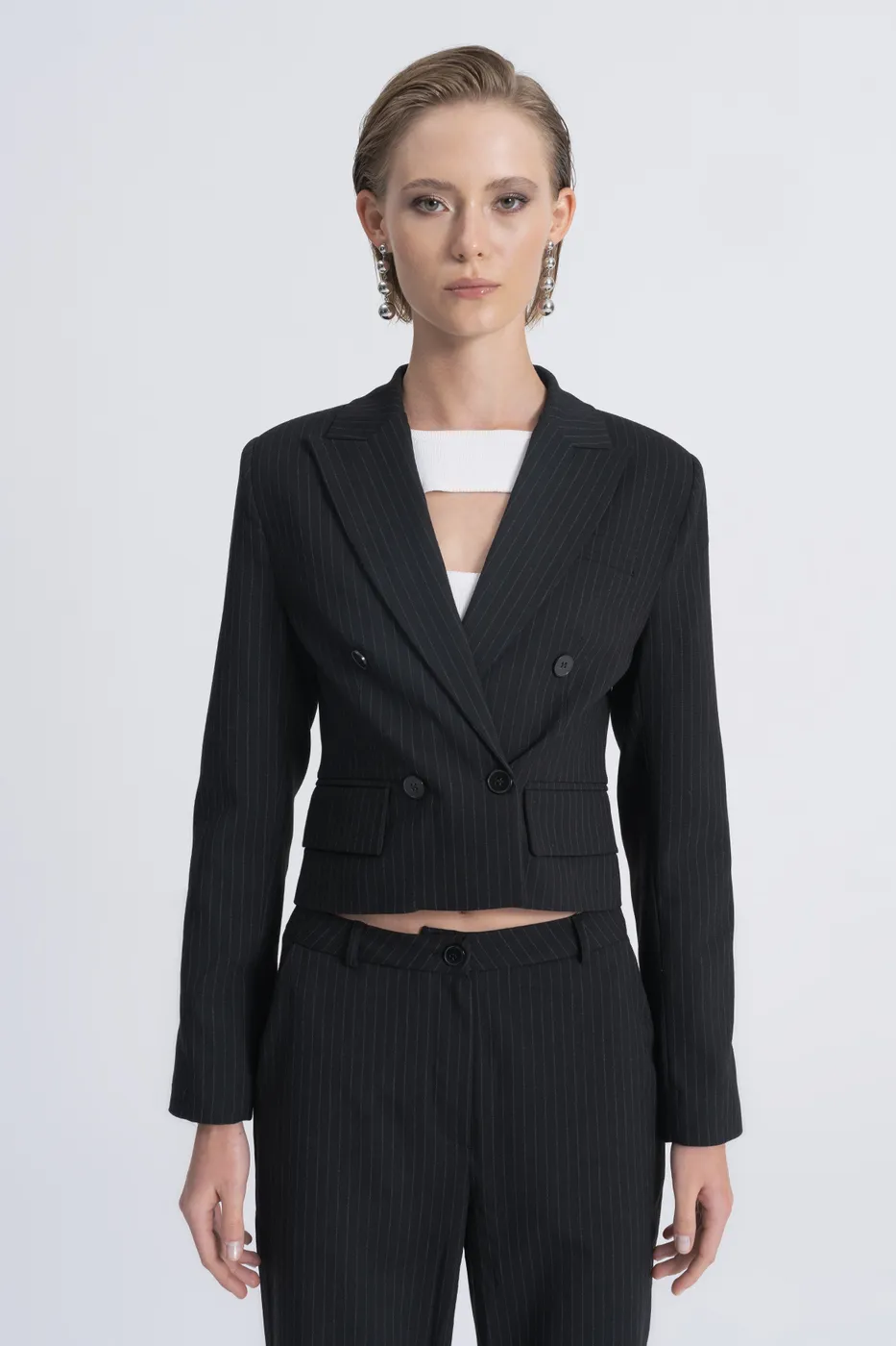 Bayan Siyah Crop Blazer Ceket
