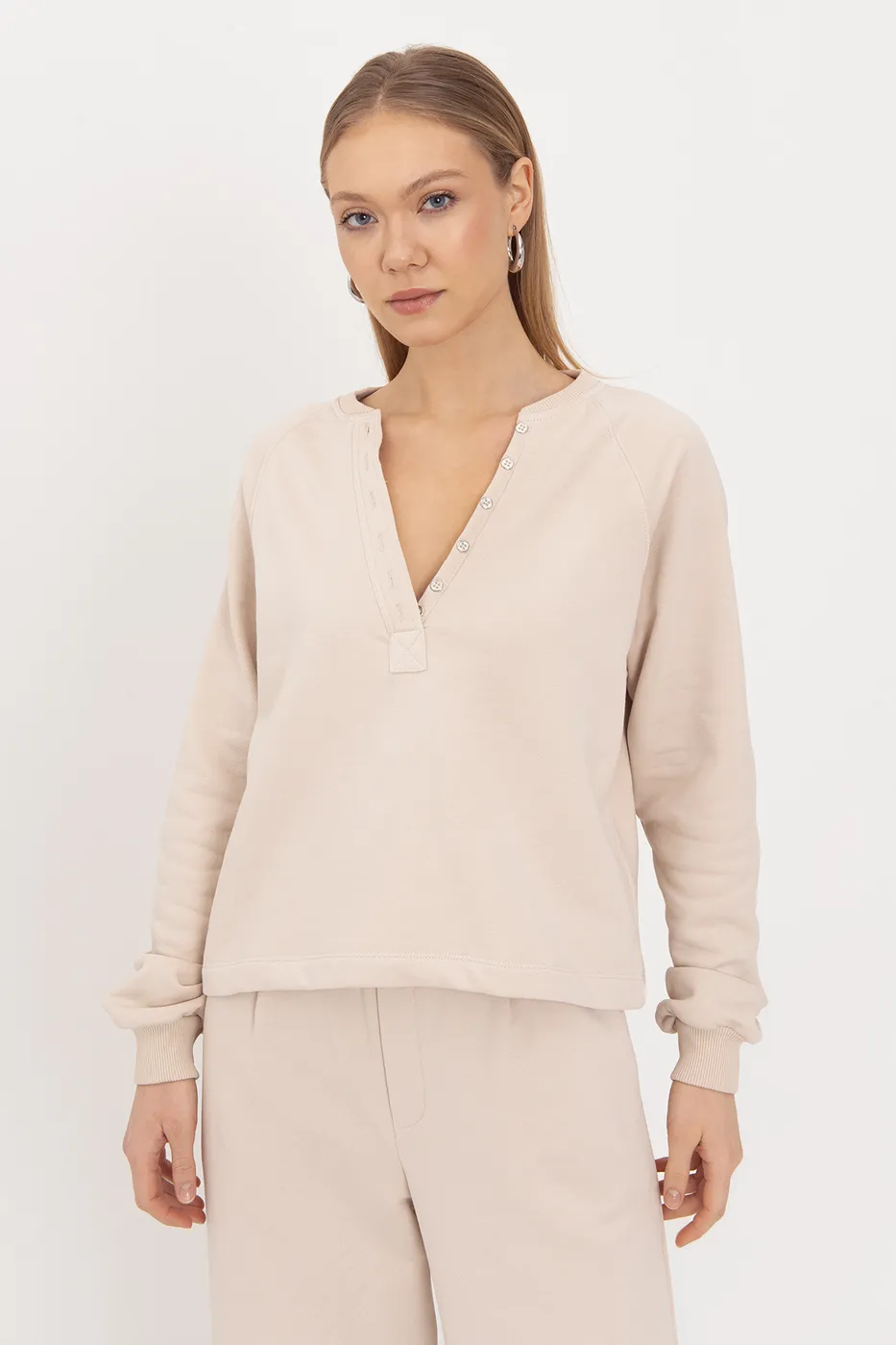 Bayan Bej Patlı Cotton Sweatshirt