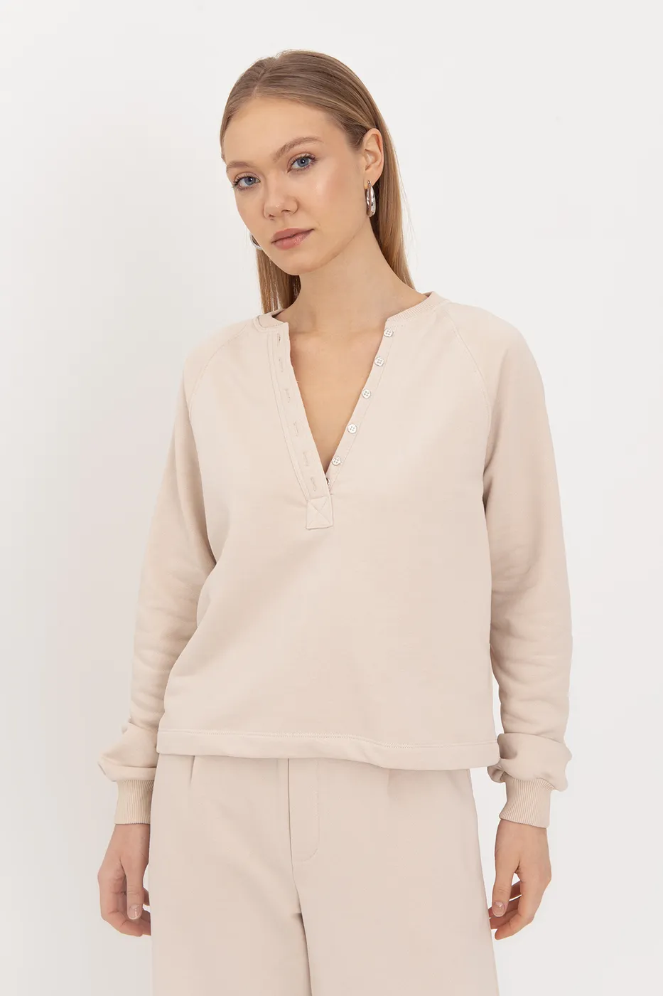 Bayan Bej Patlı Cotton Sweatshirt