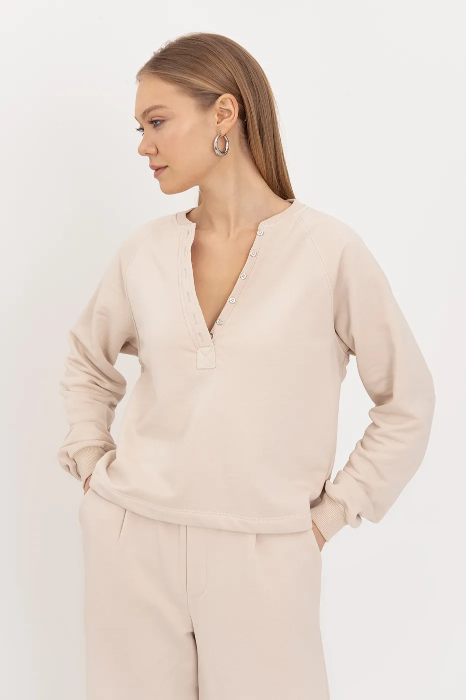 Bayan Bej Patlı Cotton Sweatshirt