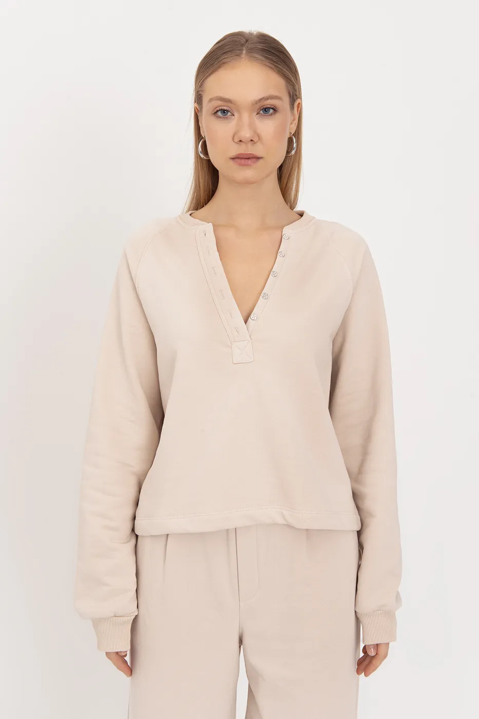 Bayan Bej Patlı Cotton Sweatshirt