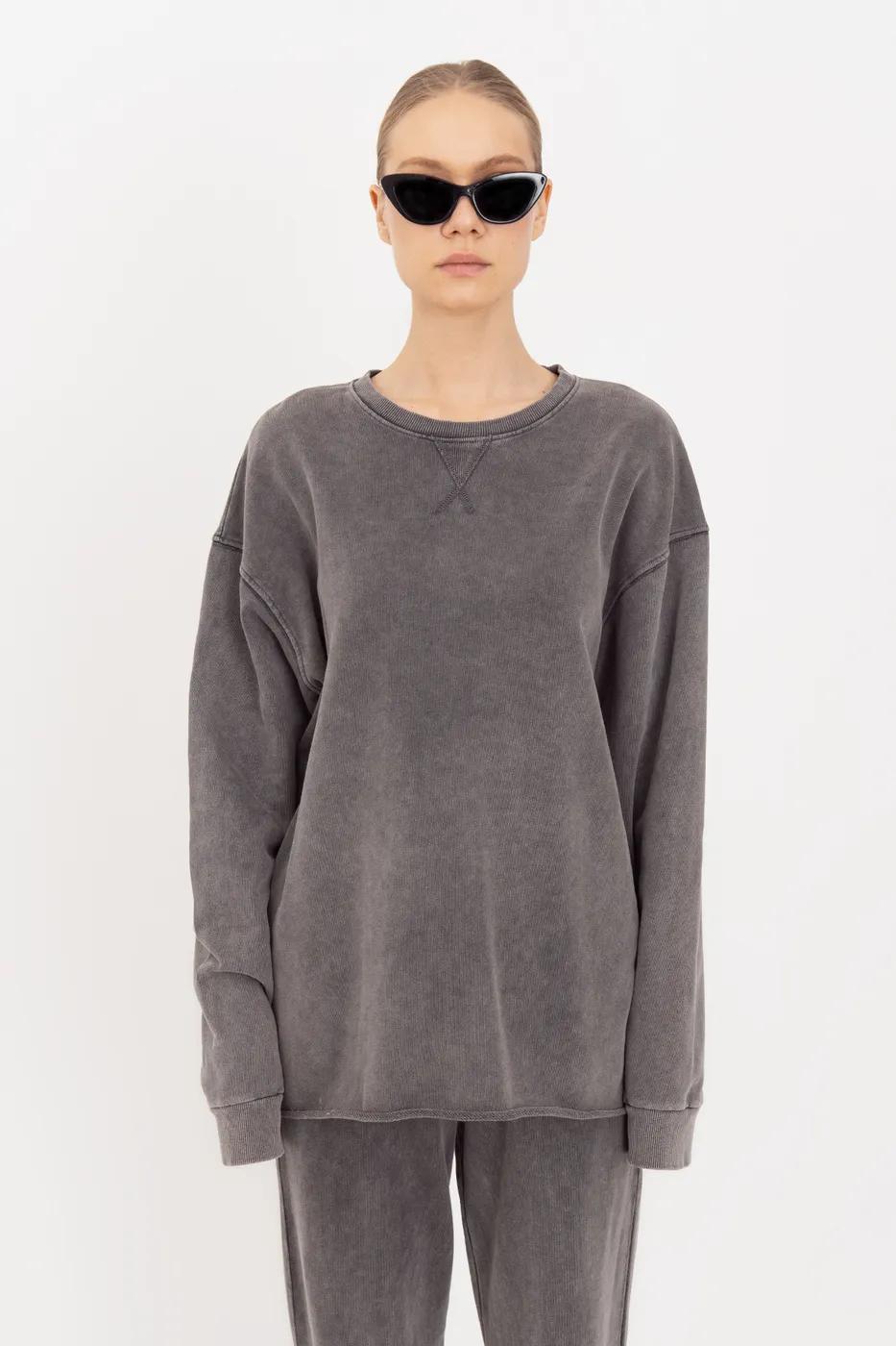 Bayan Antrasit Yıkamalı Baskılı Sweatshirt