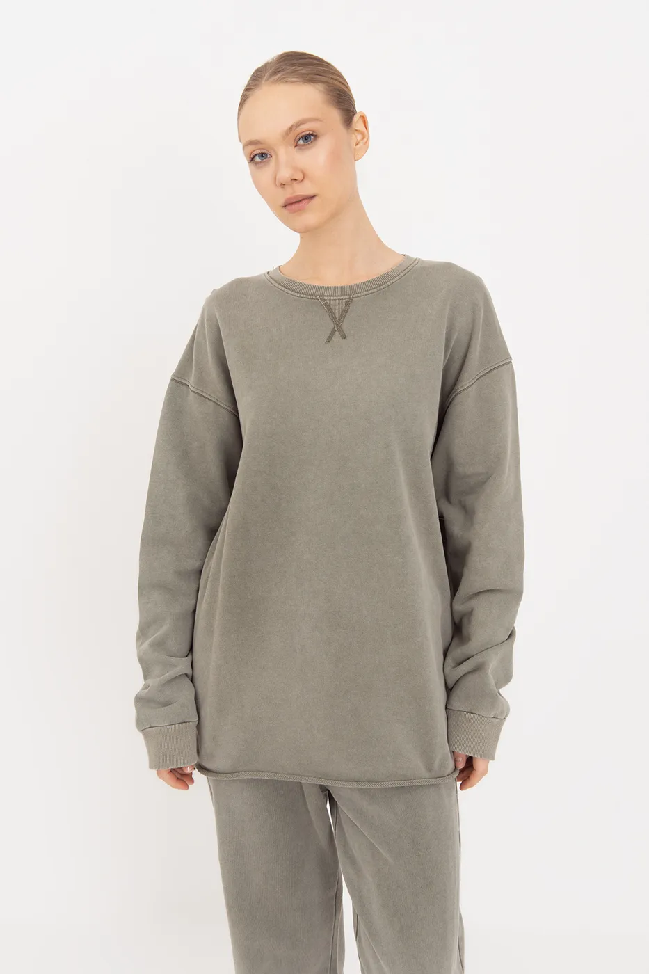 Bayan Haki Yıkamalı Baskılı Sweatshirt