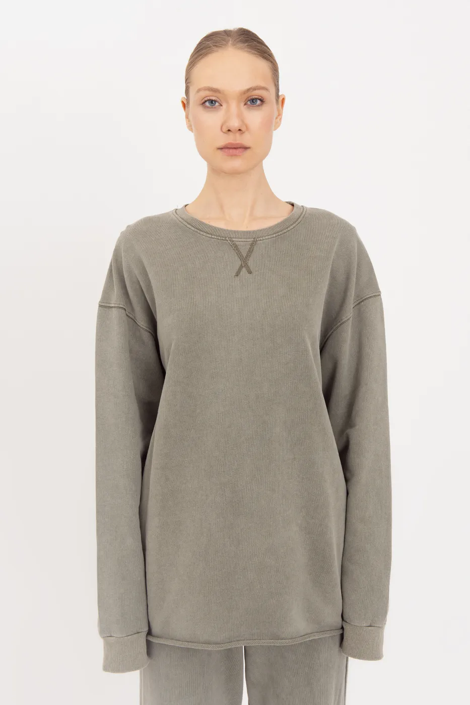 Bayan Haki Yıkamalı Baskılı Sweatshirt