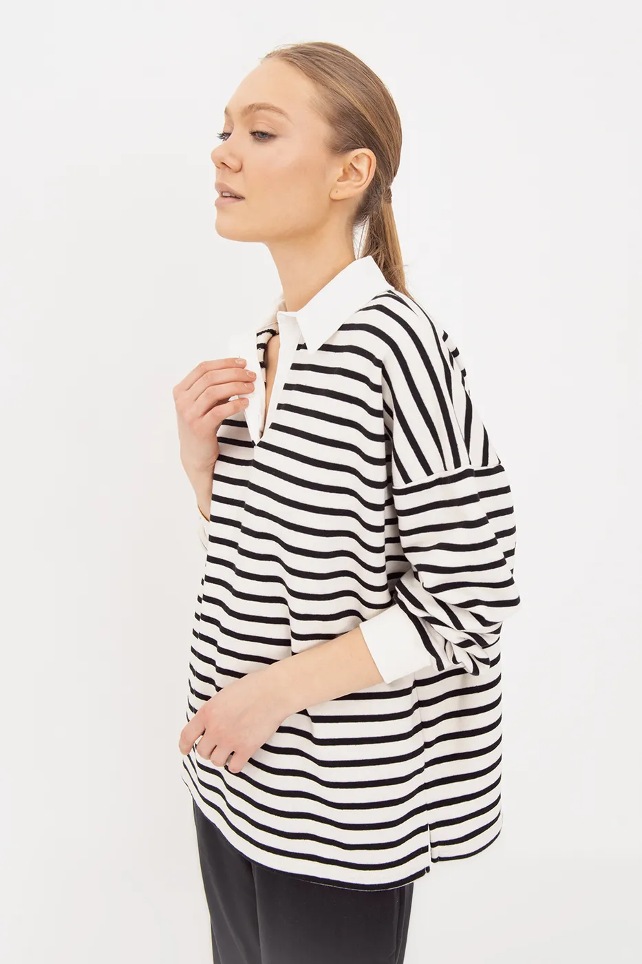 Bayan Siyah Oversize Çizgili  Sweatshirt