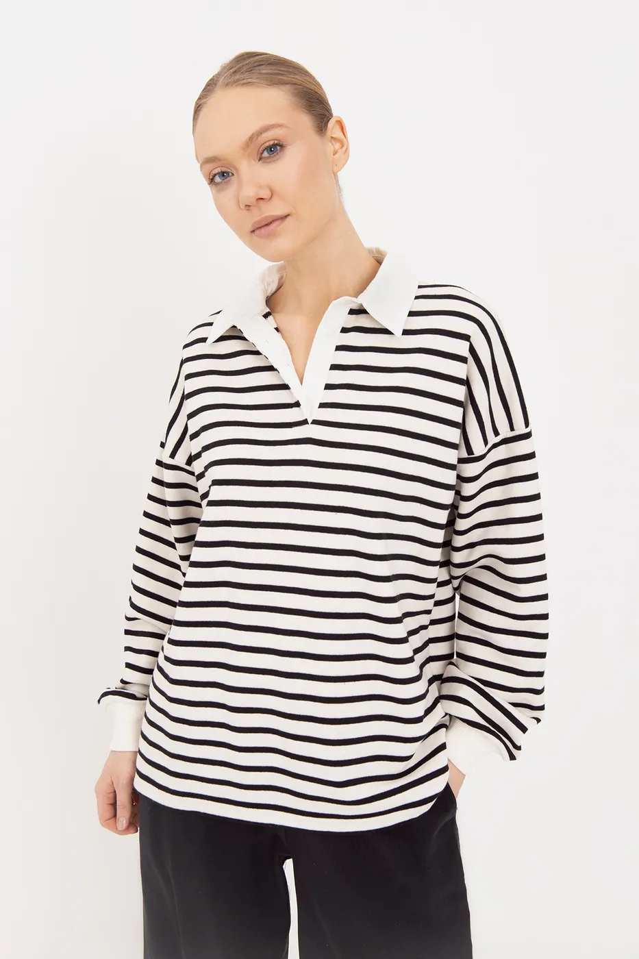 Bayan Siyah Oversize Çizgili  Sweatshirt