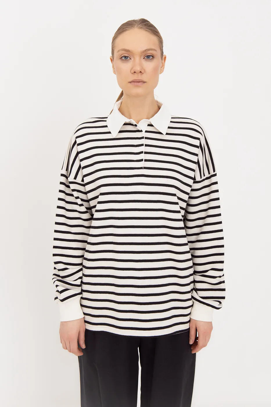 Bayan Siyah Oversize Çizgili  Sweatshirt