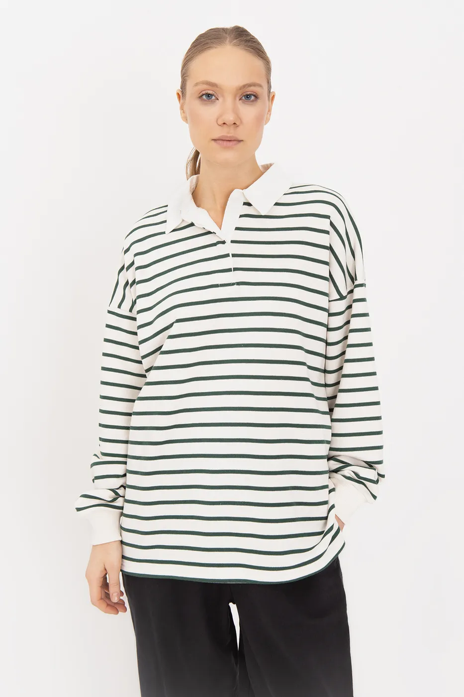 Bayan Yeşil Oversize Çizgili  Sweatshirt