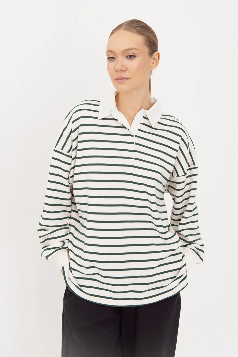 Bayan Yeşil Oversize Çizgili  Sweatshirt