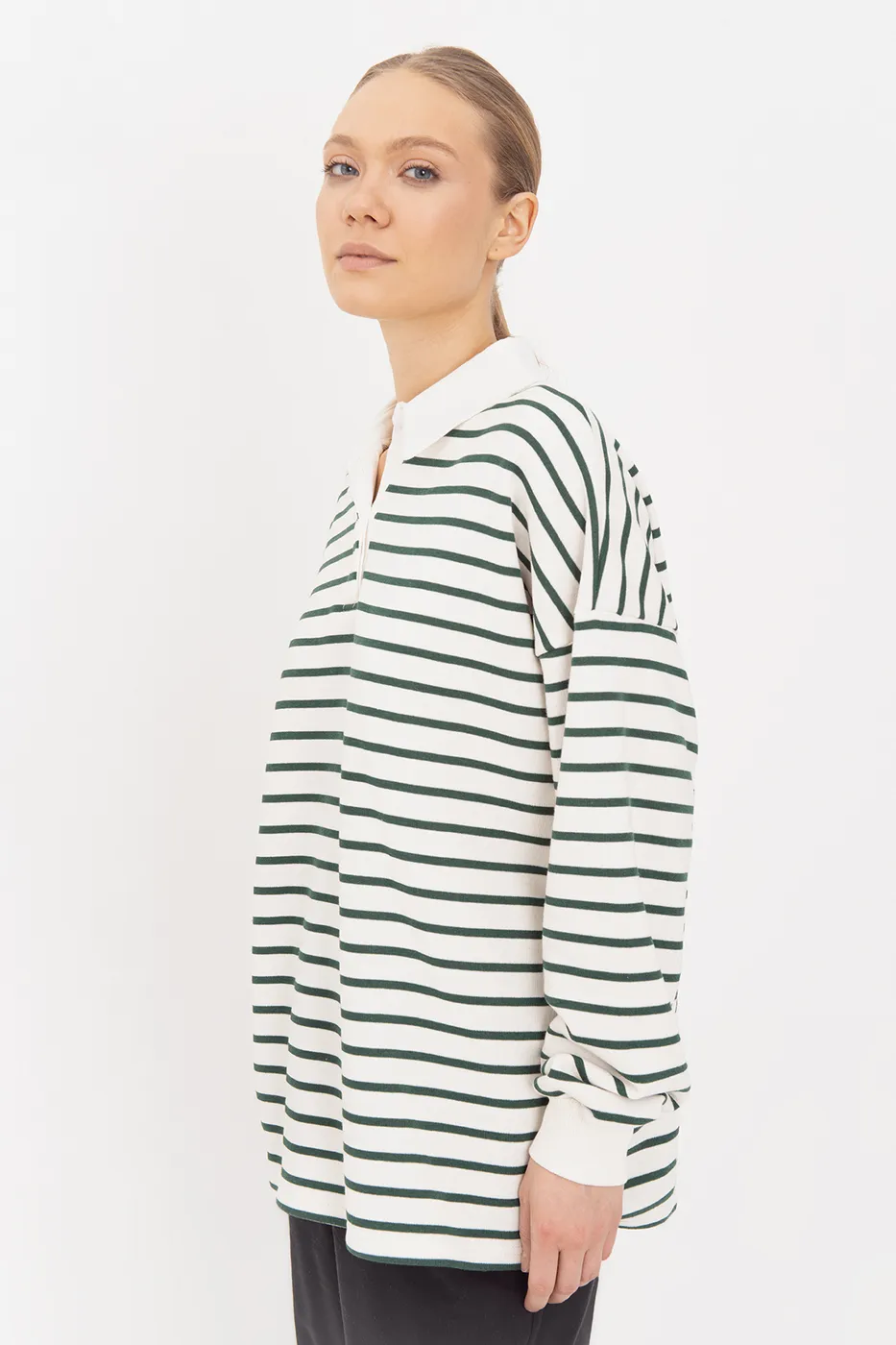 Bayan Yeşil Oversize Çizgili  Sweatshirt