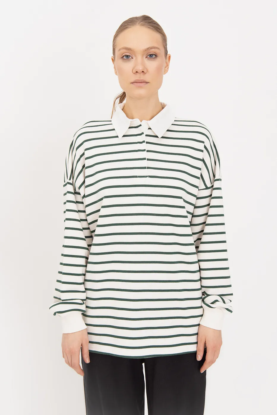 Bayan Yeşil Oversize Çizgili  Sweatshirt
