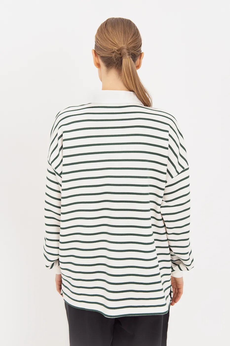 Bayan Yeşil Oversize Çizgili  Sweatshirt