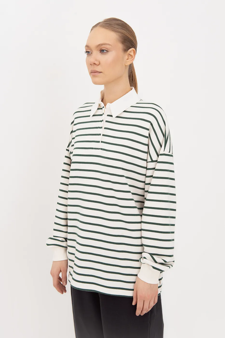 Bayan Yeşil Oversize Çizgili  Sweatshirt