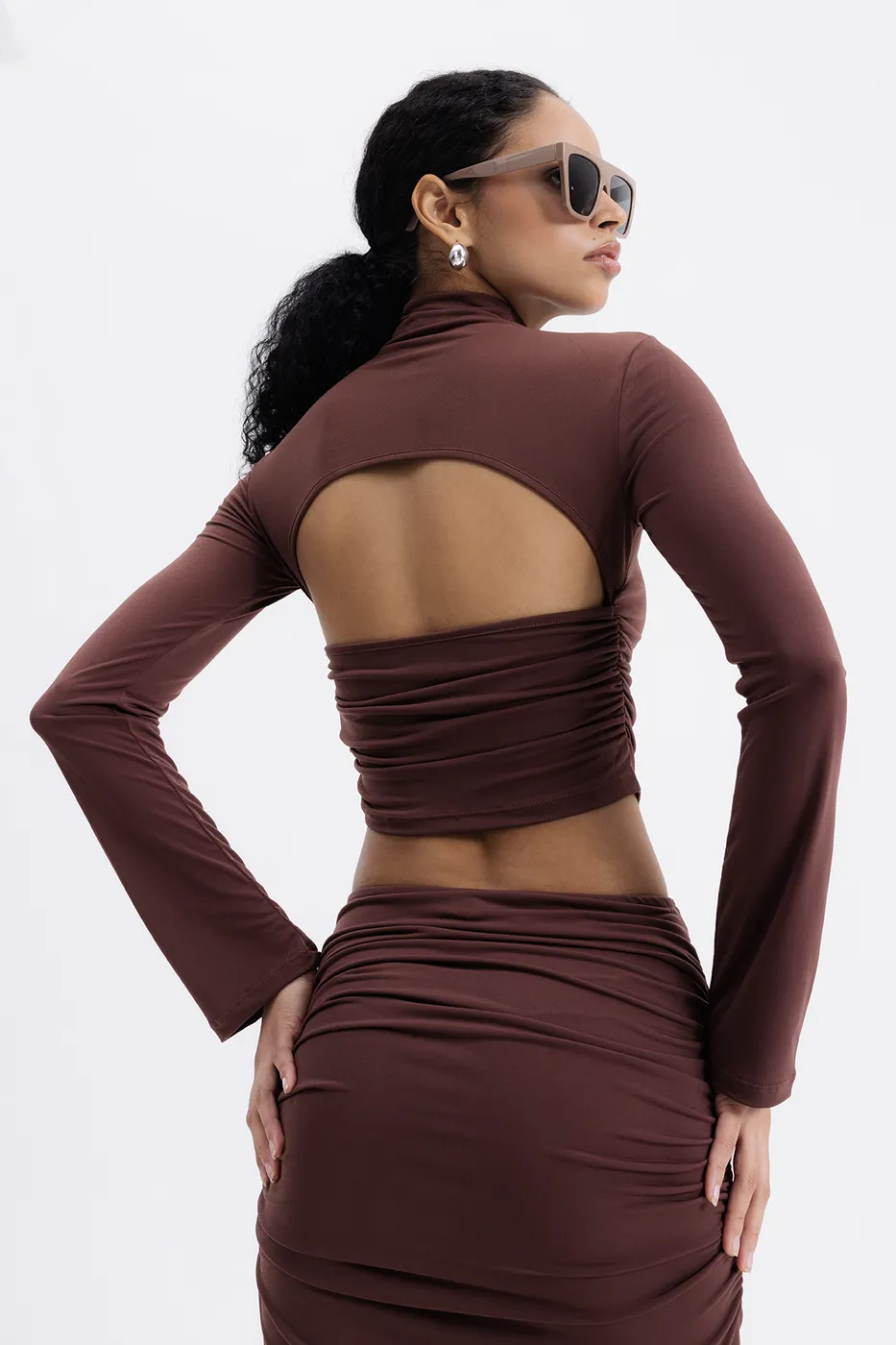 Bayan Kahverengi Sırt Pencere Detaylı Crop Top