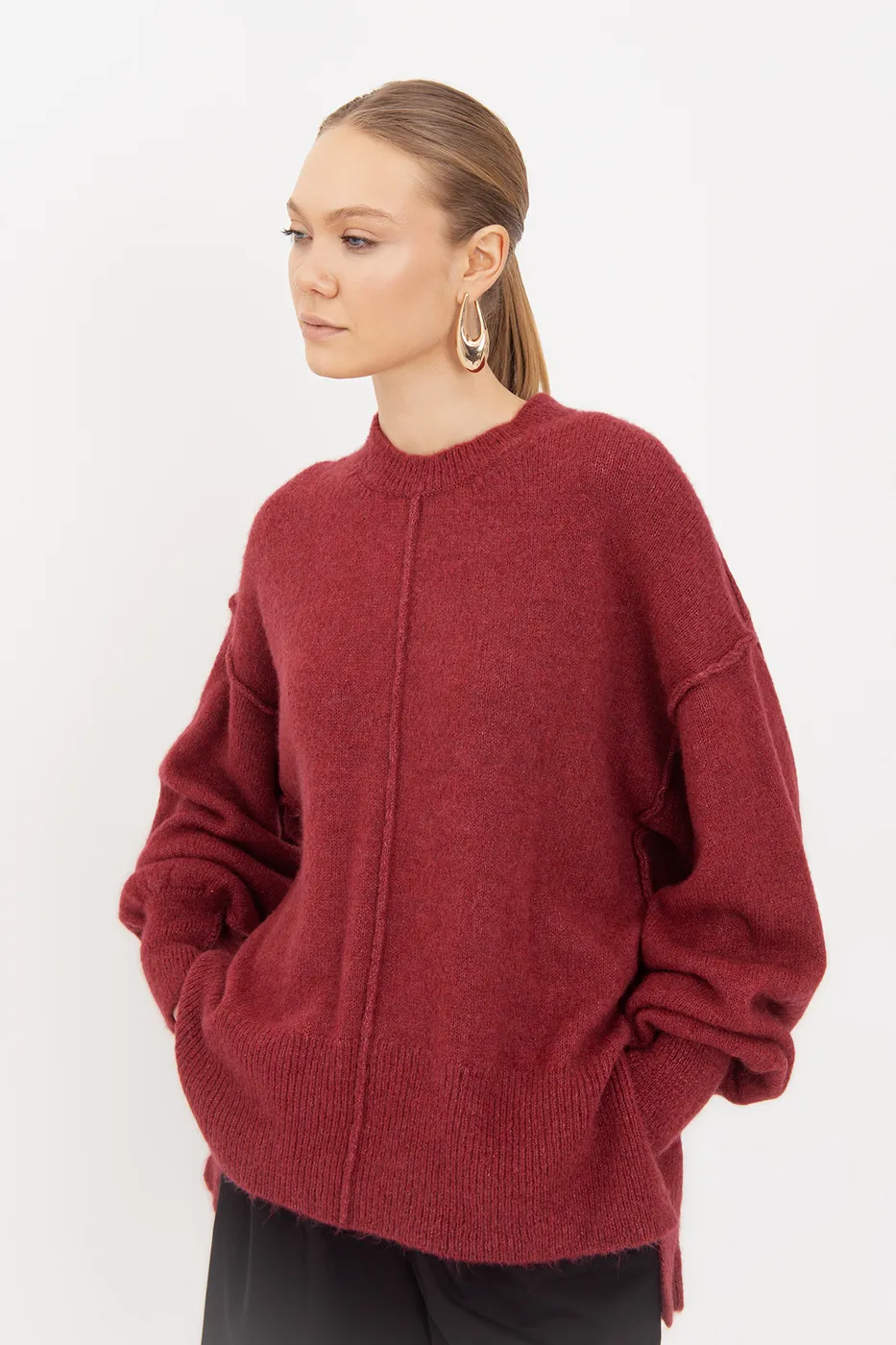 Bayan Vişne Oversize Kazak