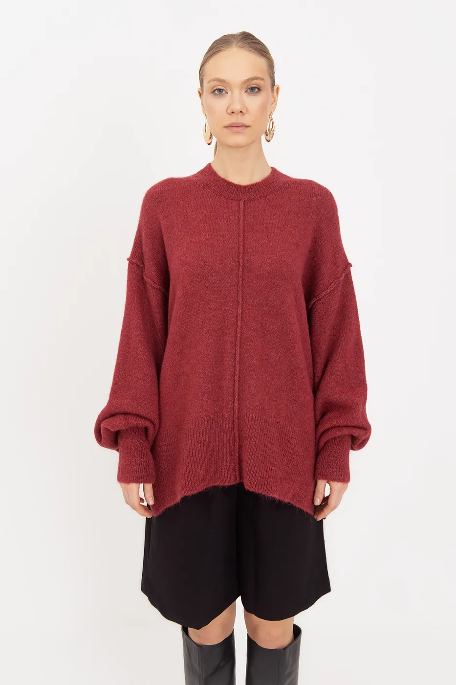 Bayan Vişne Oversize Kazak