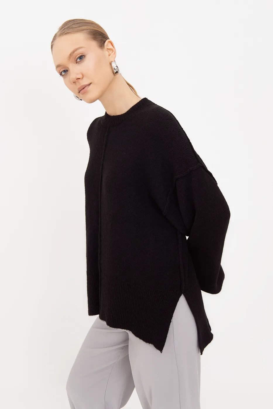 Bayan Siyah Oversize Kazak