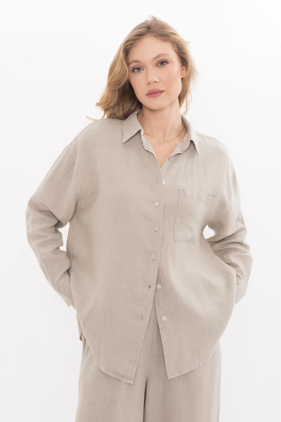 Bayan Bej %100 Keten Oversize Gömlek