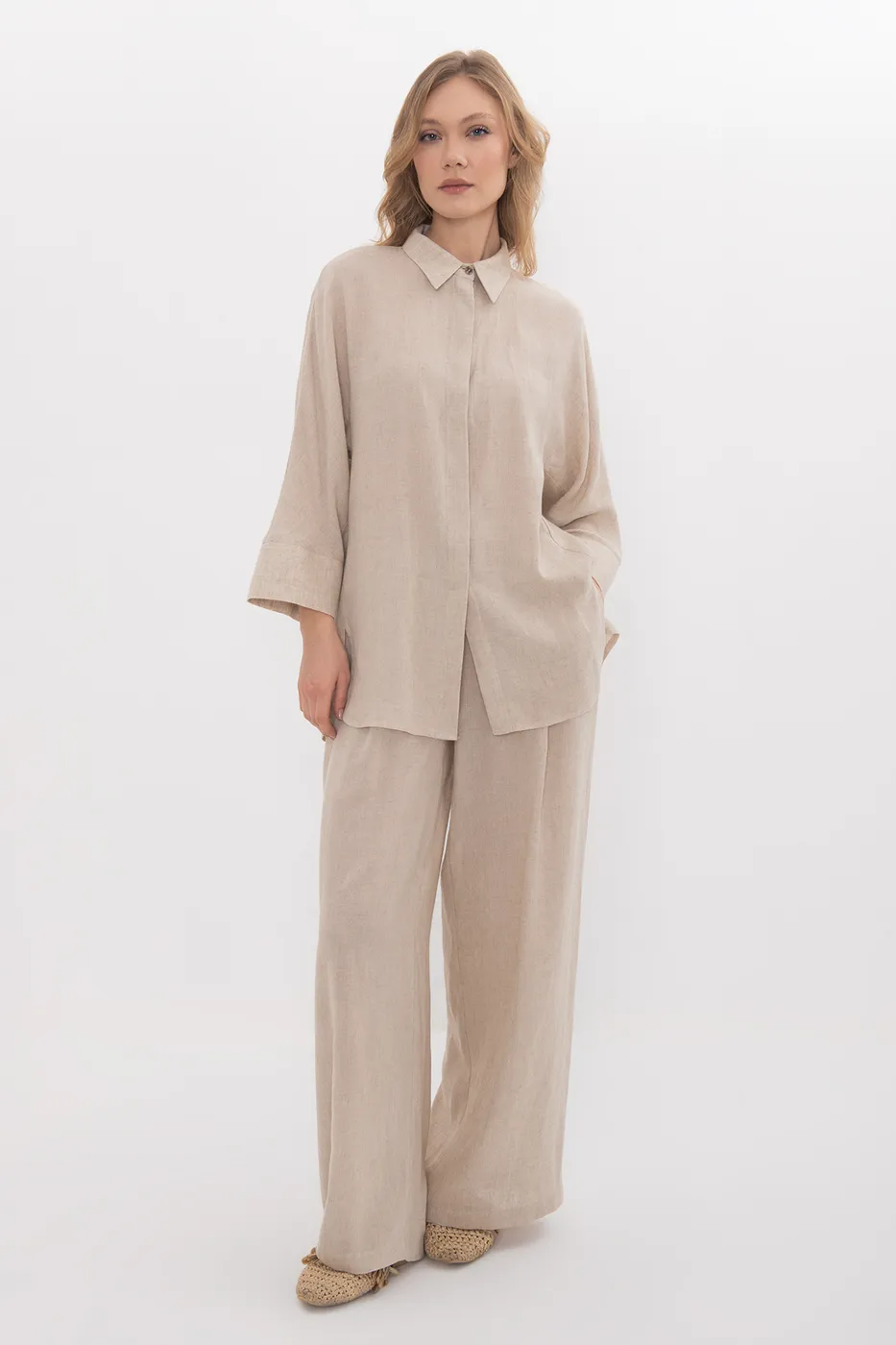 Bayan Bej %100 Keten Oversize Gömlek