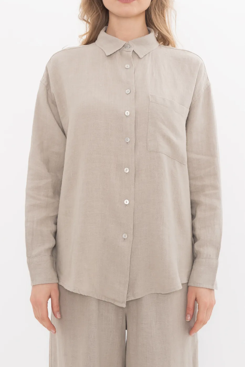 Bayan Bej %100 Keten Oversize Gömlek