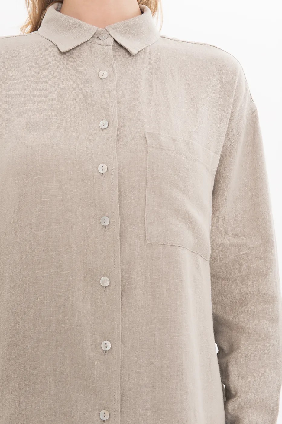 Bayan Bej %100 Keten Oversize Gömlek