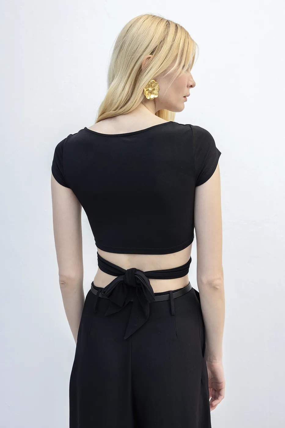 Bayan Siyah Bağlamalı Crop Top