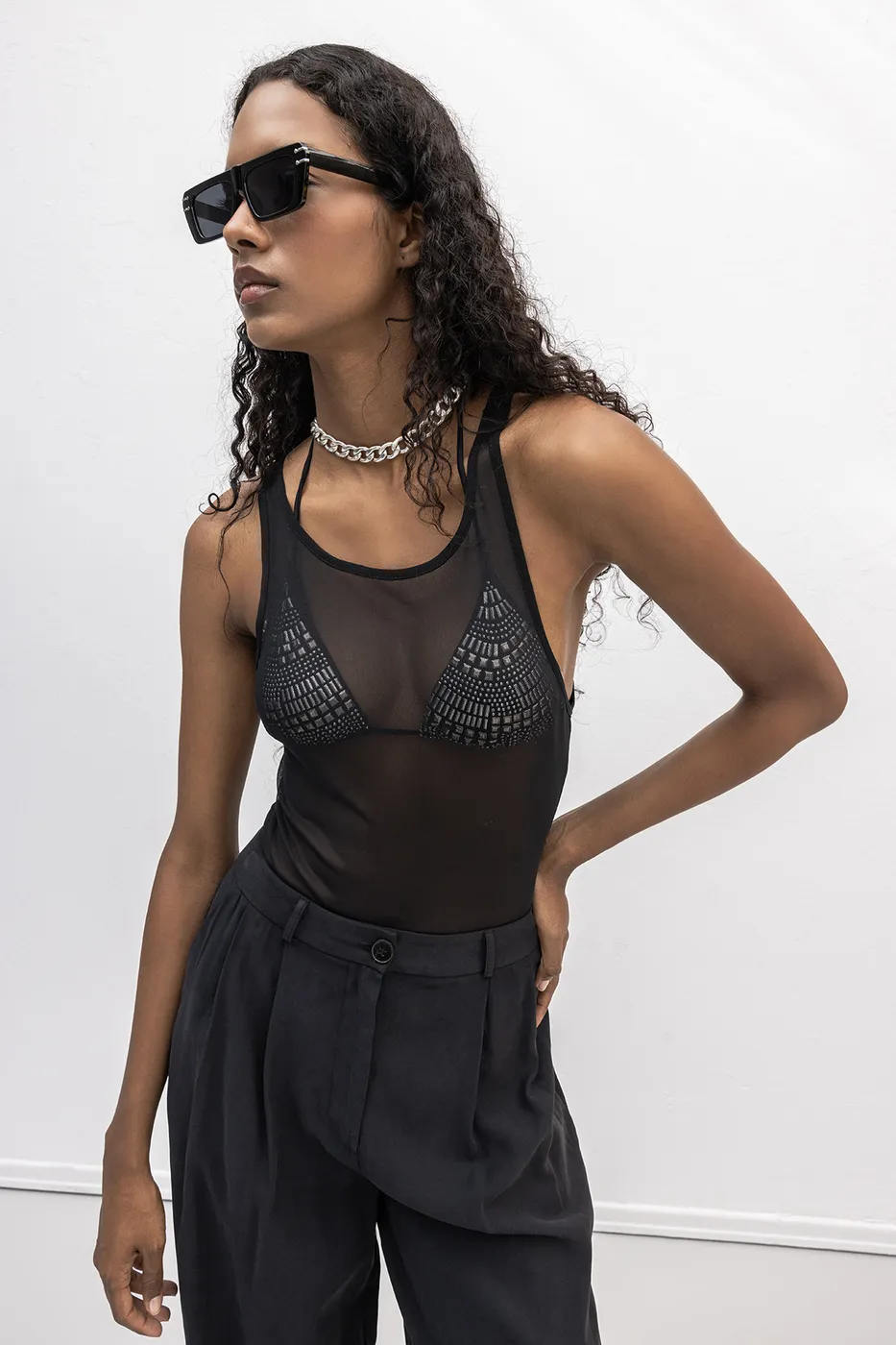 Bayan Siyah Halter Yaka Tül Bodysuit