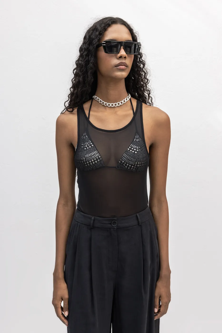 Bayan Siyah Halter Yaka Tül Bodysuit