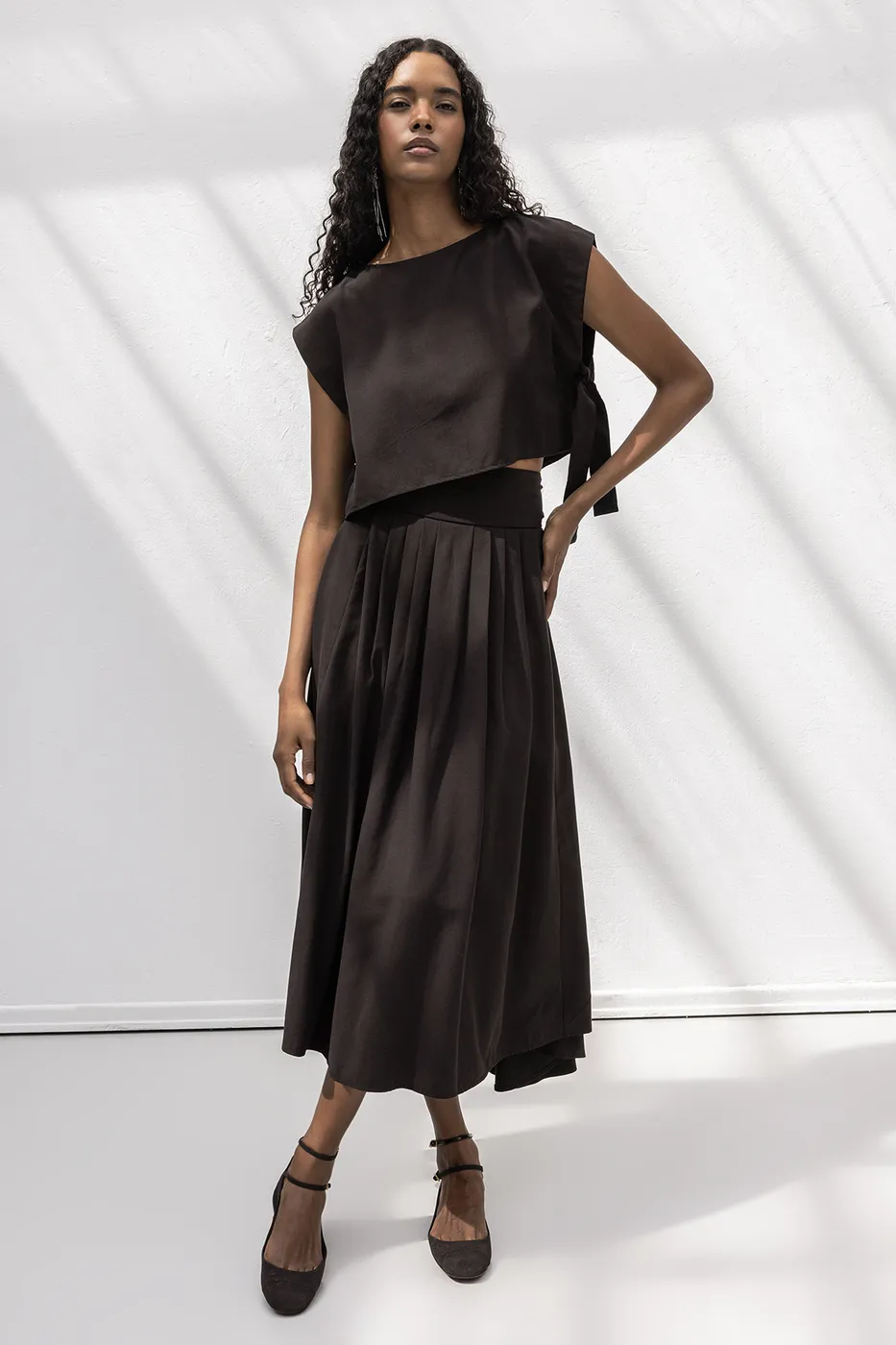 Bayan Kahverengi %100 Tencel Pile  Detaylı  Midi Etek