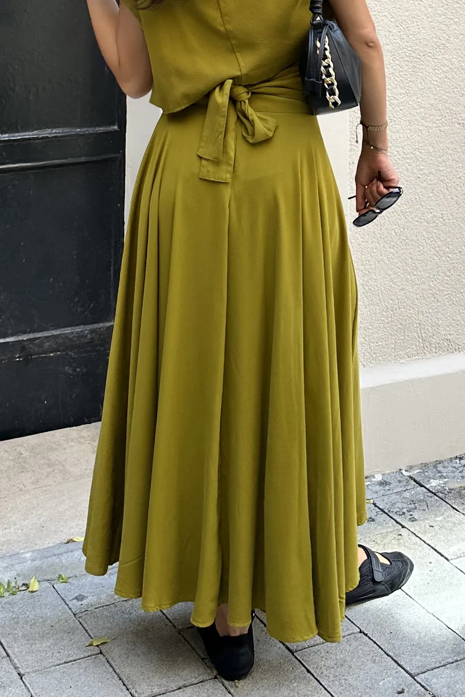 Bayan Yeşil %100 Tencel Pile  Detaylı  Midi Etek